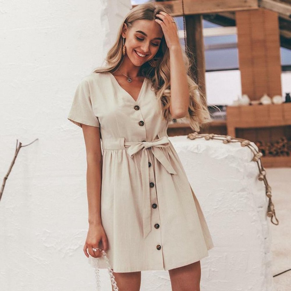 Vintage button dress - V neck short sleeve cotton linen